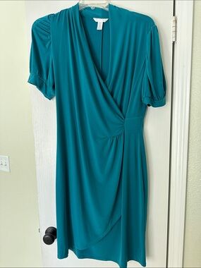 London Times Teal Wrap-Style Midi Dress